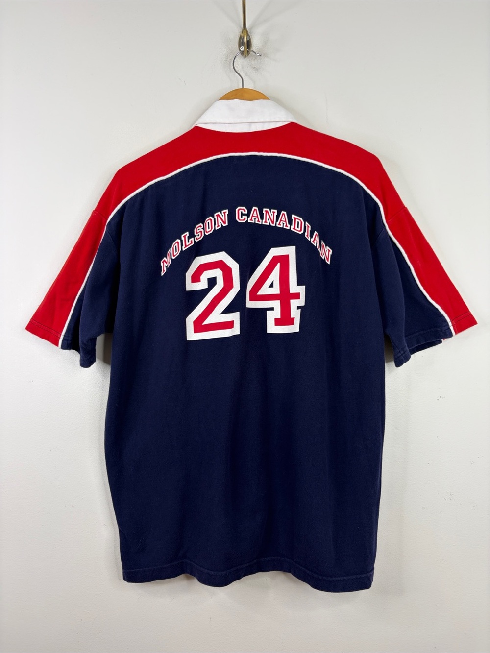 Vintage Molson Canadian Polo Shirt Mens XL Navy Blue Red 24 Cotton Rugby Canada
